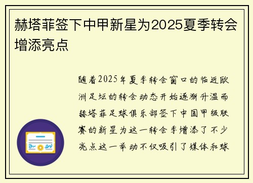 赫塔菲签下中甲新星为2025夏季转会增添亮点